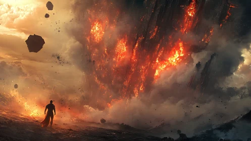 Lone hero confronts colossal fiery apocalypse wall storm