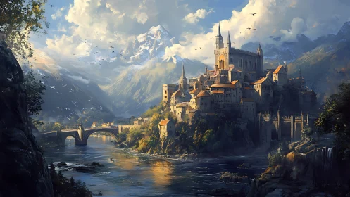Sunlit river citadel rises beneath towering alpine peaks