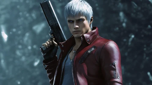 Silver-haired gunfighter in crimson leather jacket stance.