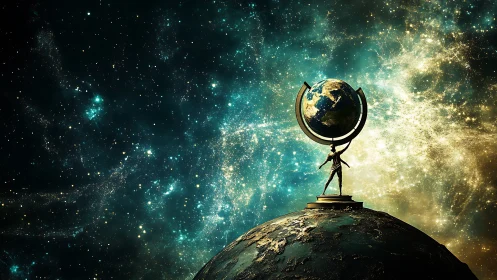 Small dreamer holding a glowing world in starry space.