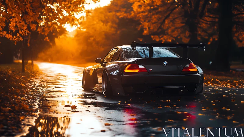 Sporty BMW glows on a golden autumn rain-soaked road.