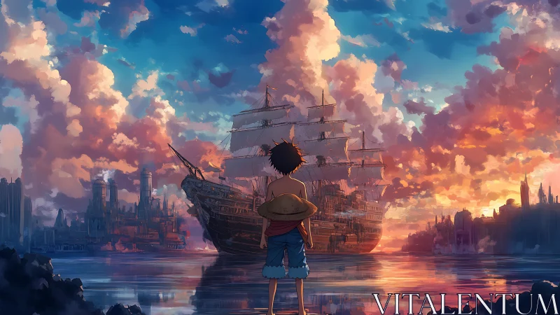 Child observes large sailing ship against industrial harbor