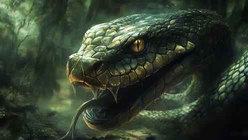 Giant emerald serpent poised to strike in misty jungle.