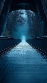 Linear-perspective steel bridge receding into blue atmospheric fog