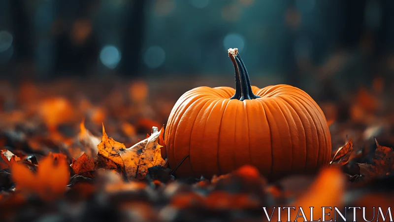 Autumn pumpkin resting on forest floor amid fallen leaves.