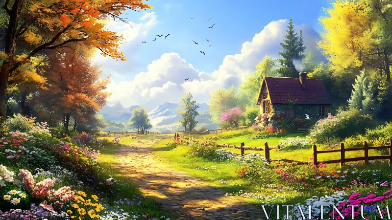 Sunny country cottage along a flower-lined forest path.