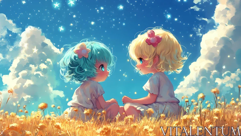 Luminous chibi duet under volumetric clouds and starfield.