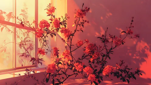 Digital painting of sunset florals across interior window wall.