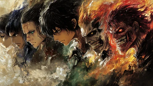 Intense anime warriors facing blazing skeletal titans.