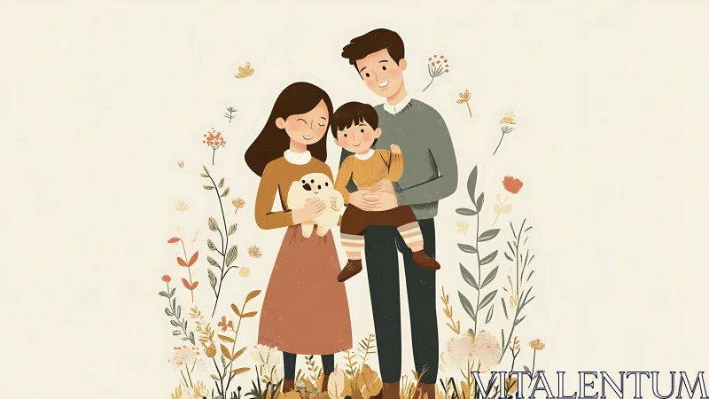 Illustration of family unit with child and pet dog surrounded by botanical elements