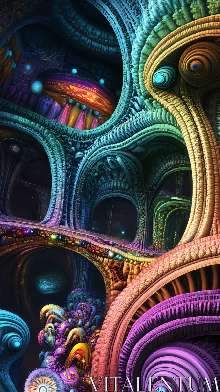 Intricate multicolored fractal cavern with organic forms.