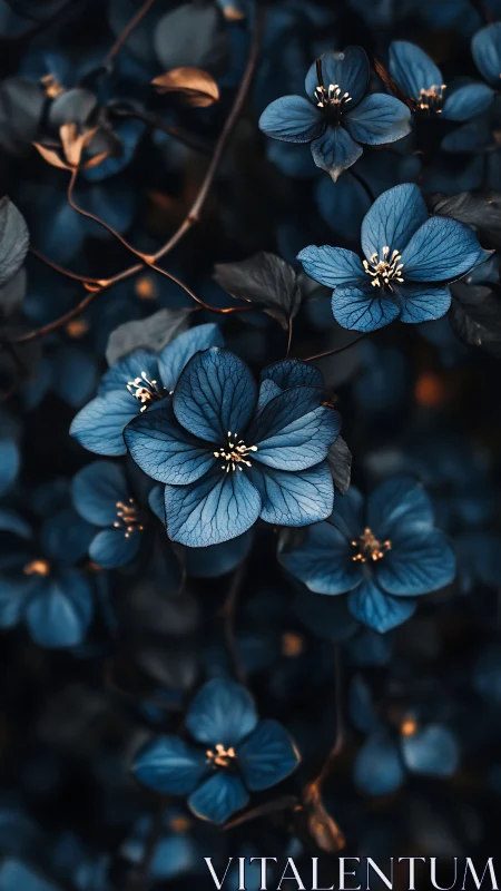 Blue Flowers with Golden Accents in Nighttime Botanical Display.