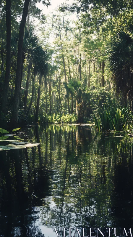 Cypress Swamp Waterway Through Ancient Forest.