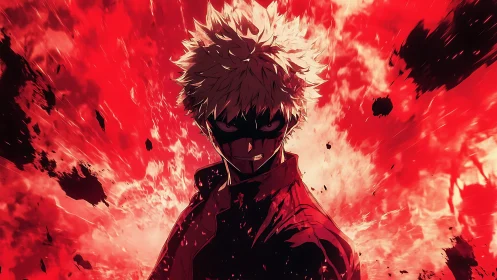 Explosive anime antihero framed by dynamic crimson blast field