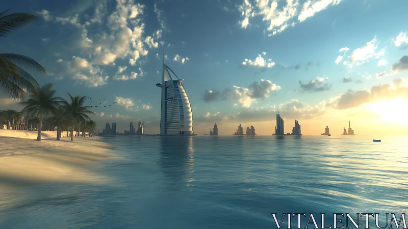 Futuristic Dubai shoreline with iconic offshore tower at dusk.