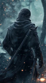 Snowlit ranger stalks through embers in a haunted forest.