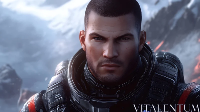 Armored male soldier stares ahead in icy battlefield