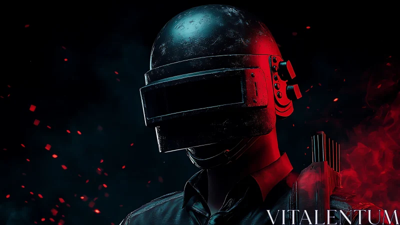 Armored tactical soldier stands in red smoke-lit darkness