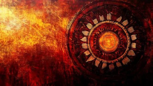 Solar sigil in molten reds spinning across a blazing void.