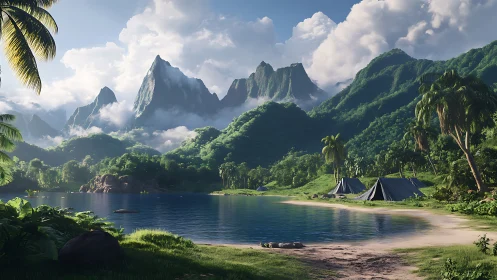 Tropical Paradise Awaits: Dramatic Mountains Meet Serene Lakeside Camping