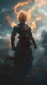 Inferno-crowned warrior strides through stormlit embers.