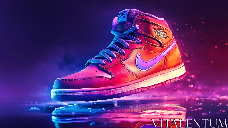High-top sneaker floats in neon purple and pink studio light