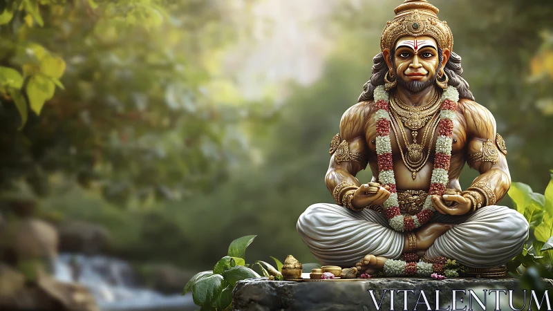 Hanuman sculpture in meditative lotus pose, forest backdrop.