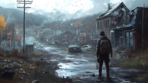 Lone survivor surveys ruined street in misty post apocalyptic town