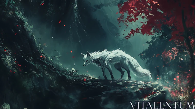 White spirit fox under moody forest canopy at dusk.