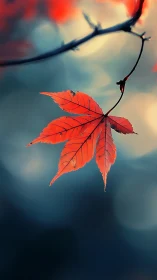 Single red maple leaf hangs sharply against blurred bokeh
