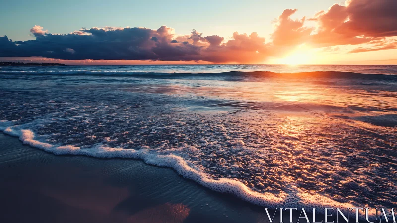 Sunset light reflecting on rolling ocean shoreline waves.