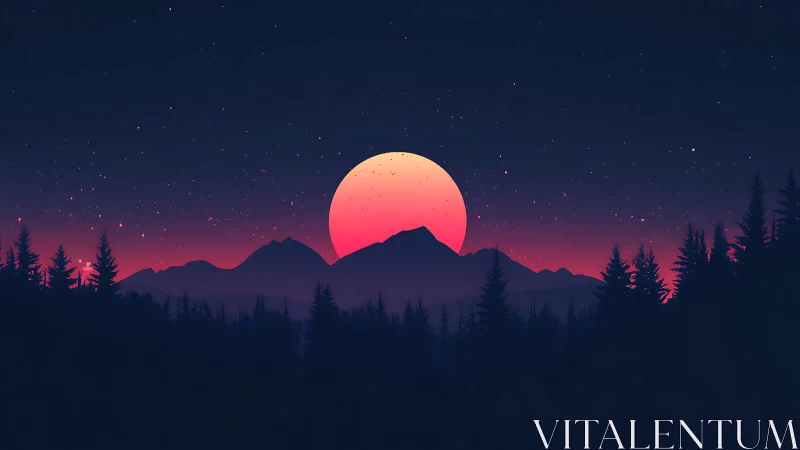 Silhouetted forest and mountains under large red sun.