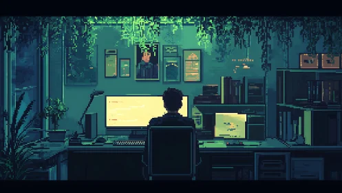 Pixelated nocturnal workstation merges code, screens, and foliage