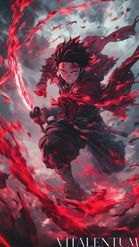 Stormbound swordsman whirls crimson fire through torn skies