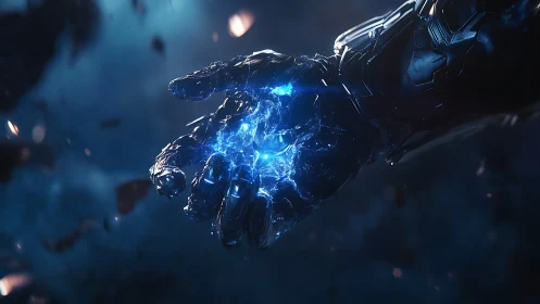 Cybernetic gauntlet cradles a storm of blue starlight.