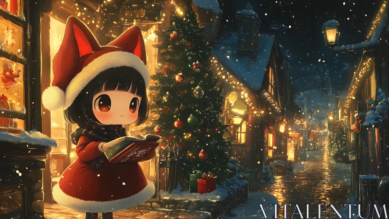 Chibi girl in red explores a cozy, glowing Christmas street.