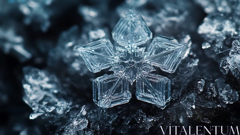 Macro view of hexagonal snowflake on compact ice surface.