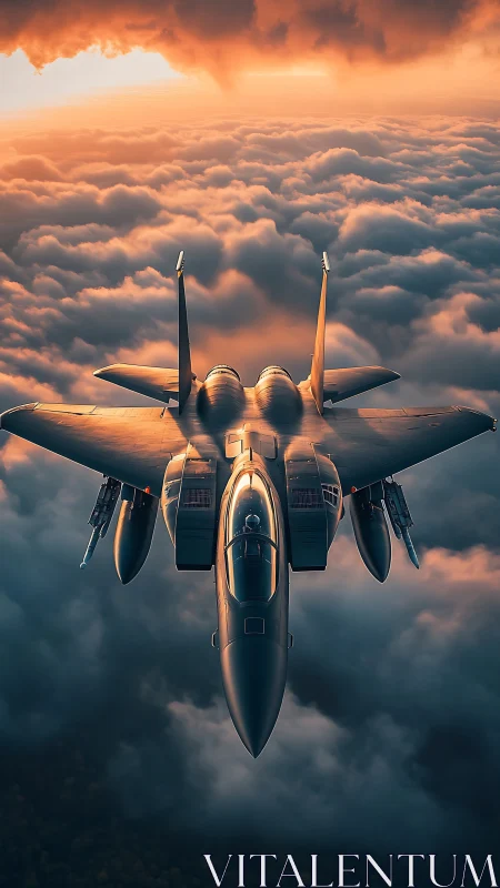 Stealth fighter jet cuts through sunset storm clouds
