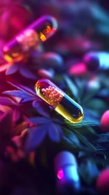 Neon lit capsules hover over cannabis foliage in macro depth