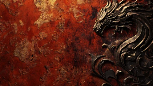 Embossed metallic dragon relief on corroded ferrous substrate.