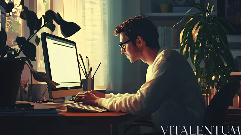 Focused man works at home computer in warm evening light