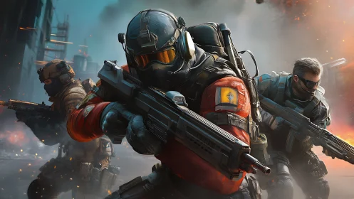 Armed tactical squad advances through urban warzone chaos.