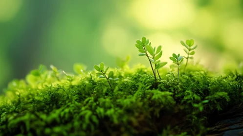 Close view of green moss with tiny fresh seedlings growing.