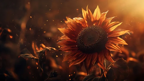 Sunlit ember sunflower glowing in a hazy golden dusk.