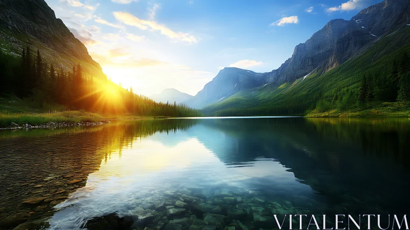 Photorealistic alpine lake at sunrise with reflective symmetry.