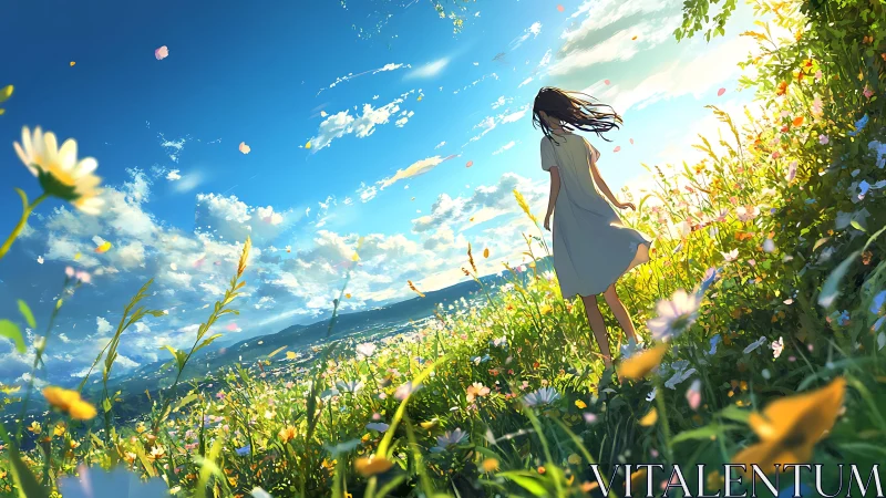 Wind-swept girl in luminous flower field at sunrise.