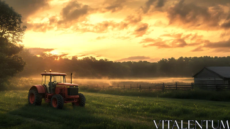 Red tractor rests in misty farm field at glowing sunset