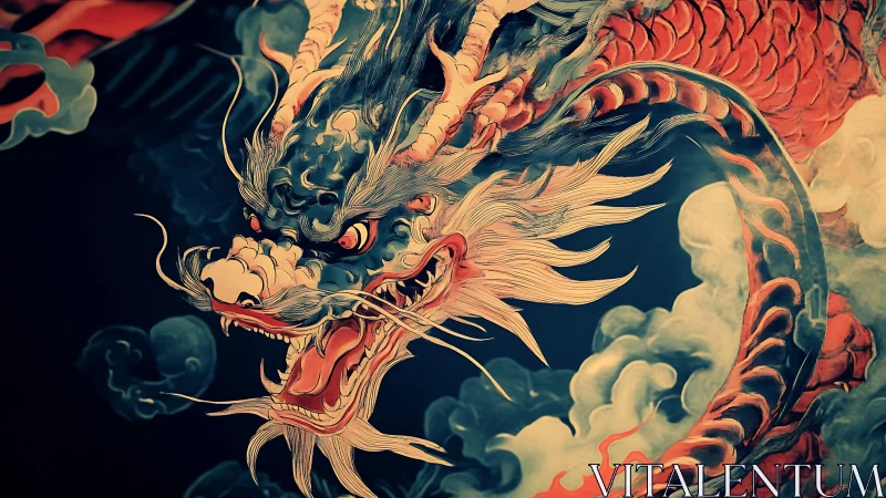 Fiery oriental dragon coils through storm clouds in profile