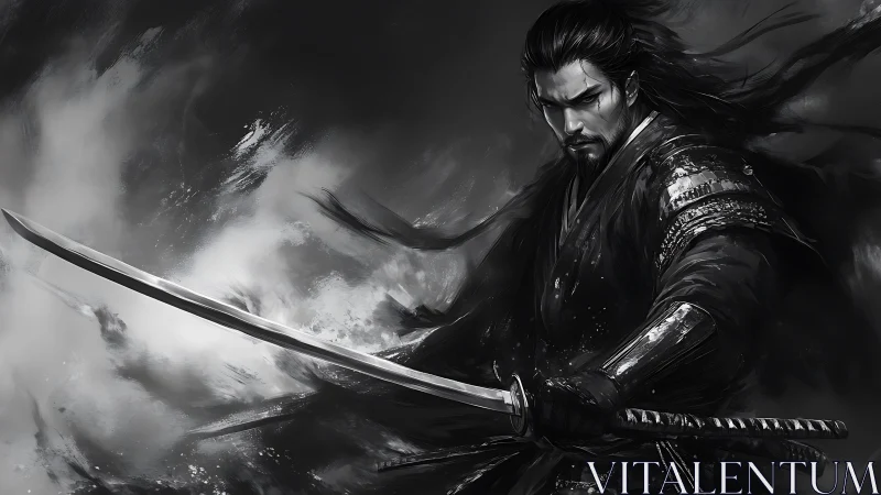 Monochrome samurai portrait captures dynamic katana readiness