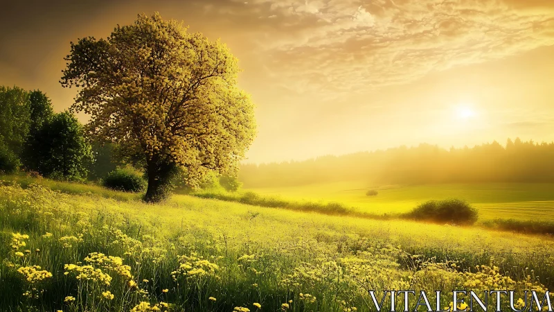 Golden sunrise bathes a wildflower meadow in soft haze